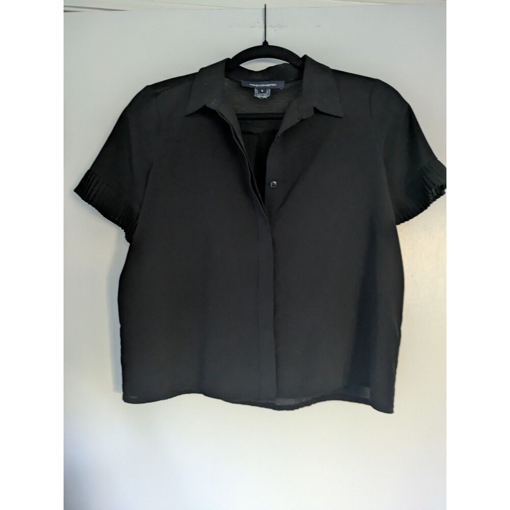 French Connection Black Short Sleeve Button Front Shirt Small Pleated Sleeve
